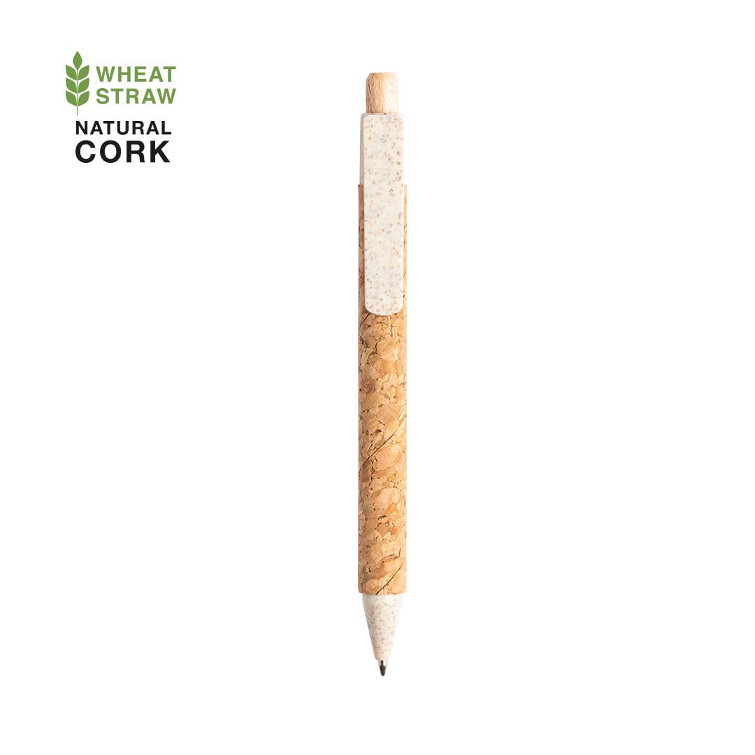 A pen featuring a natural cork body and wheat straw accents, with a white clip and end tip. Clover Pen - Image 1