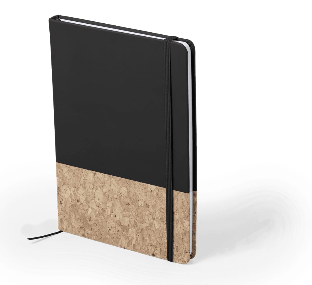 A black notepad with a cork bottom, featuring a black cover and an elastic band. There's also a logo on the cover. Bluster Notepad - Image 1