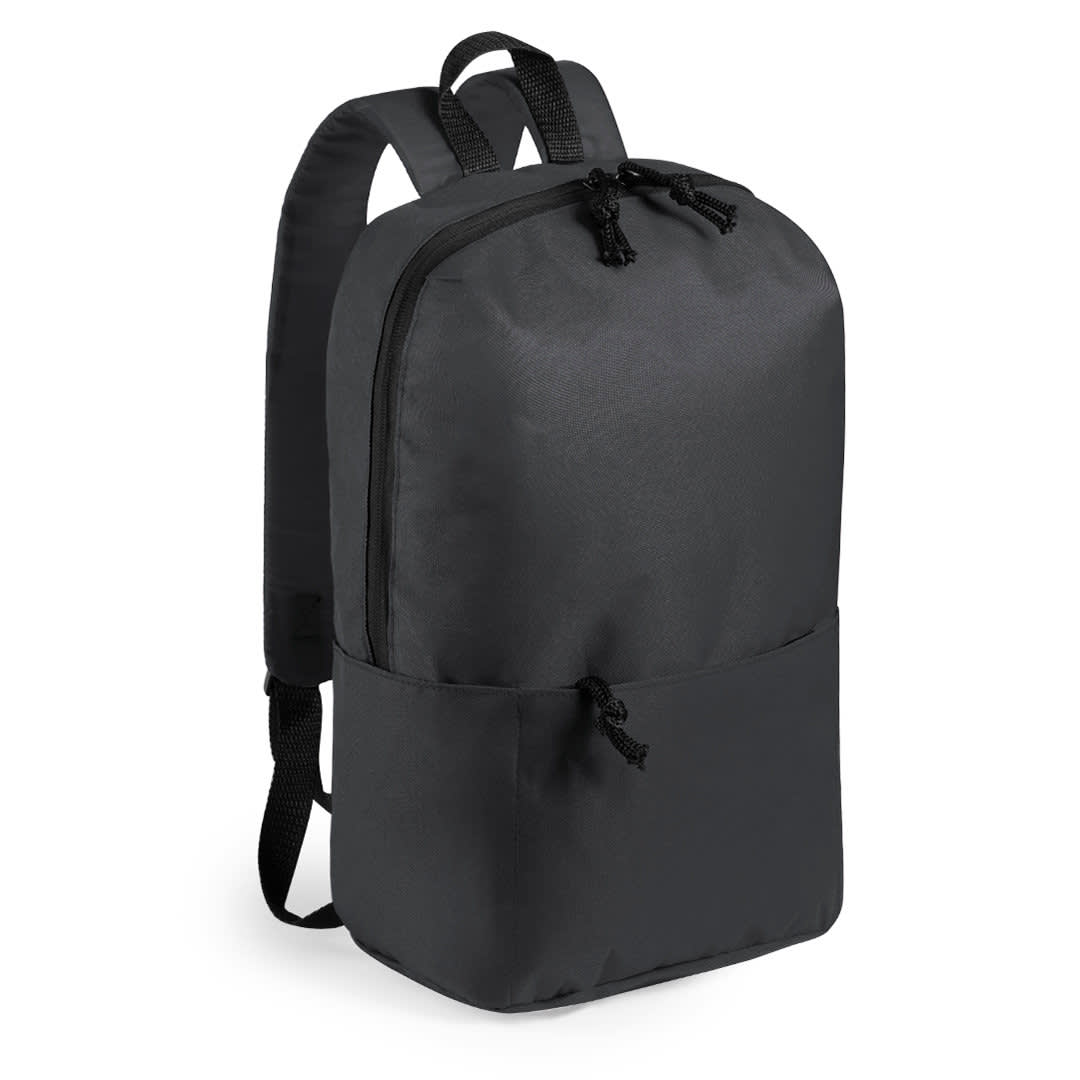 A black backpack with a simple design, featuring a main compartment and a front pocket, plus adjustable straps. Galpox Backpack - Image 1