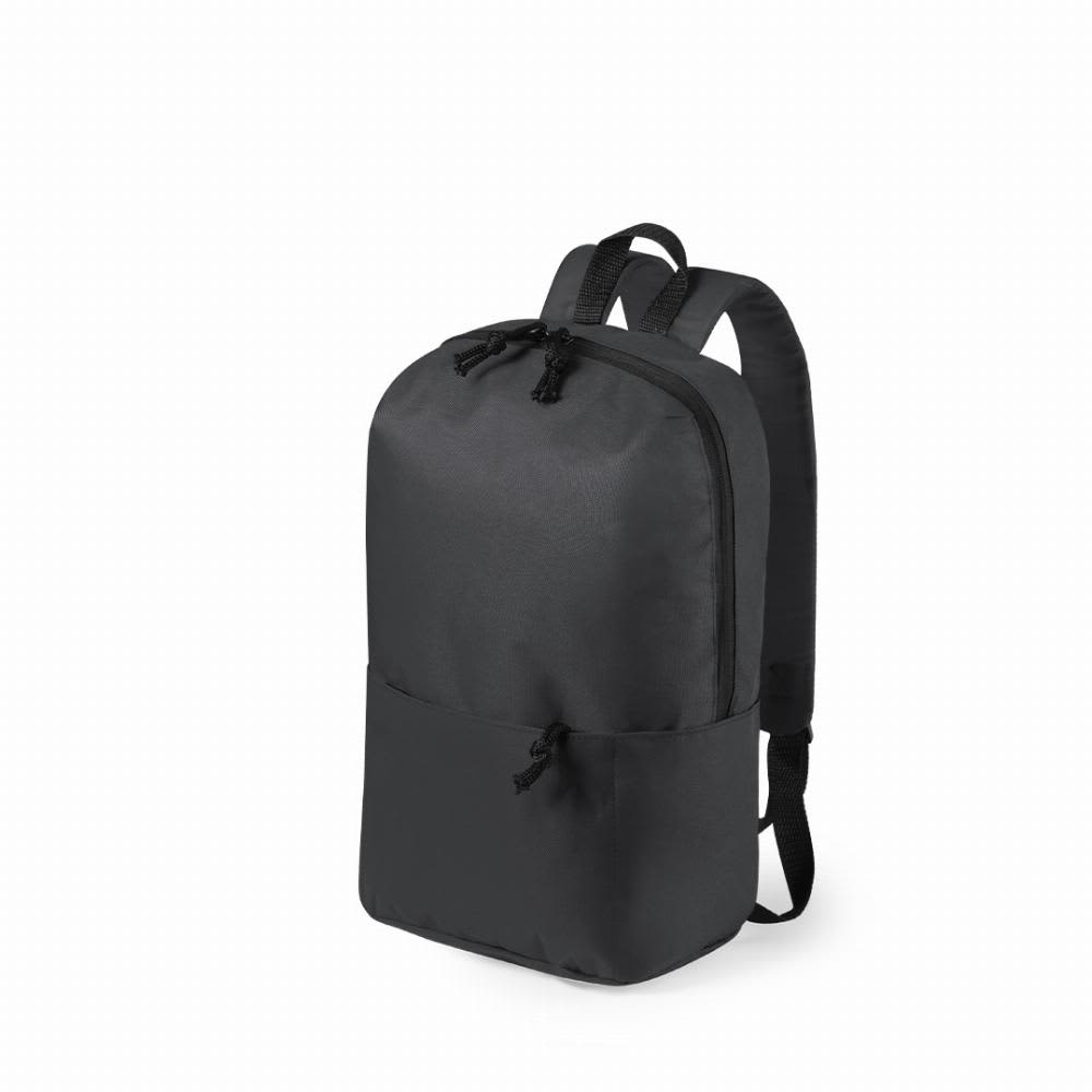 A black backpack with a smooth finish, featuring adjustable straps and a front pocket. It has a simple, sleek design. Galpox - Image 1