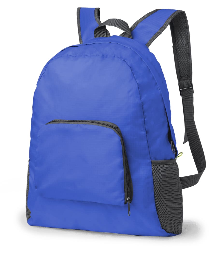 A blue foldable backpack with a front zip pocket and mesh side pockets. It features padded shoulder straps and a logo. Mendy Foldable Backpack - Image 1