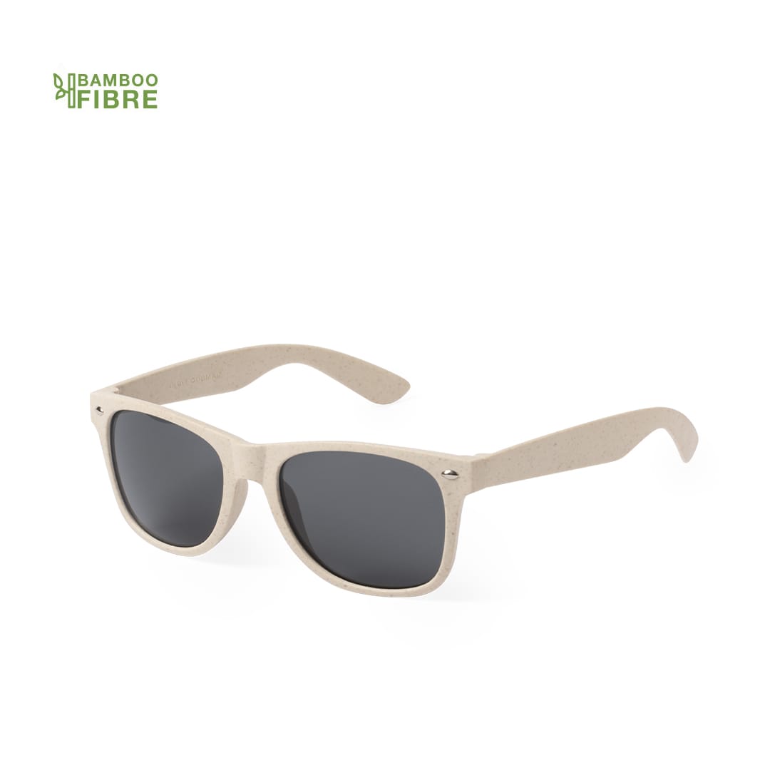 A pair of light beige sunglasses with grey lenses and a logo, made from bamboo fibre. Kilpan Sunglasses - Image 1