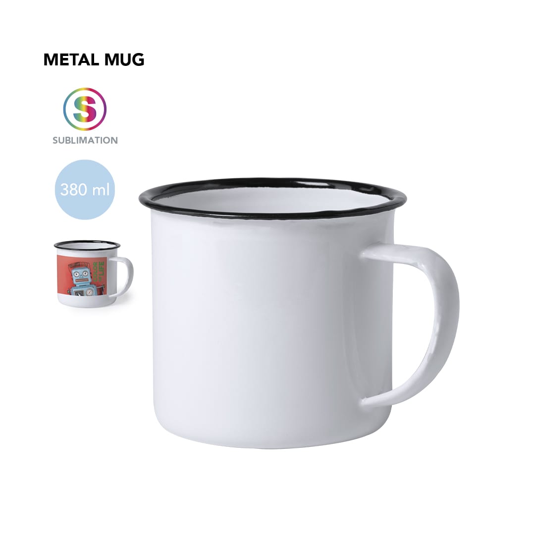 A white metal mug with a black rim, featuring a logo and a capacity of 380 ml. Kantol Sublimation Mug - Image 1