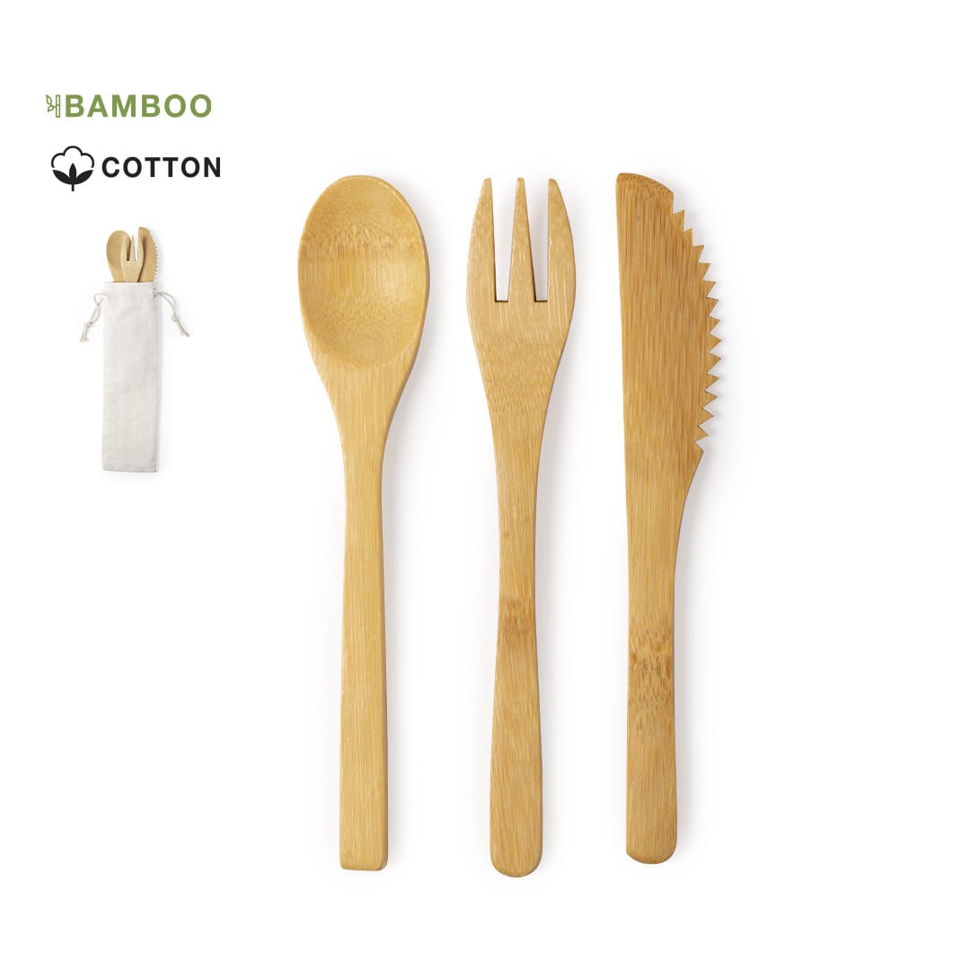 A bamboo cutlery set featuring a spoon, fork, and knife, presented in a cotton pouch. Plusin Cutlery Set - Image 1