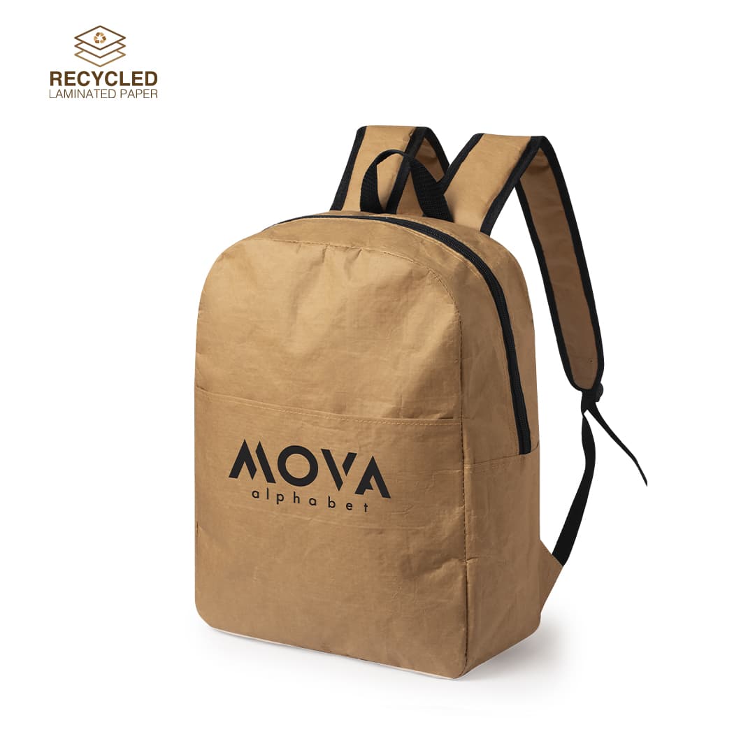 A tan paper backpack featuring black straps and a logo on the front, made from recycled laminated paper. Dons Backpack - Image 1