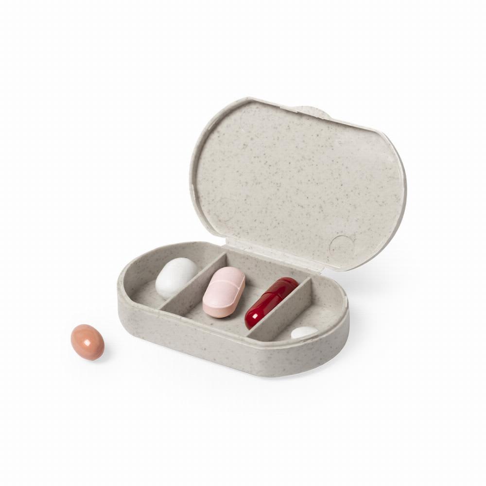 A pill organiser with four compartments, featuring a grey exterior and various coloured capsules inside. Varsum - Image 1