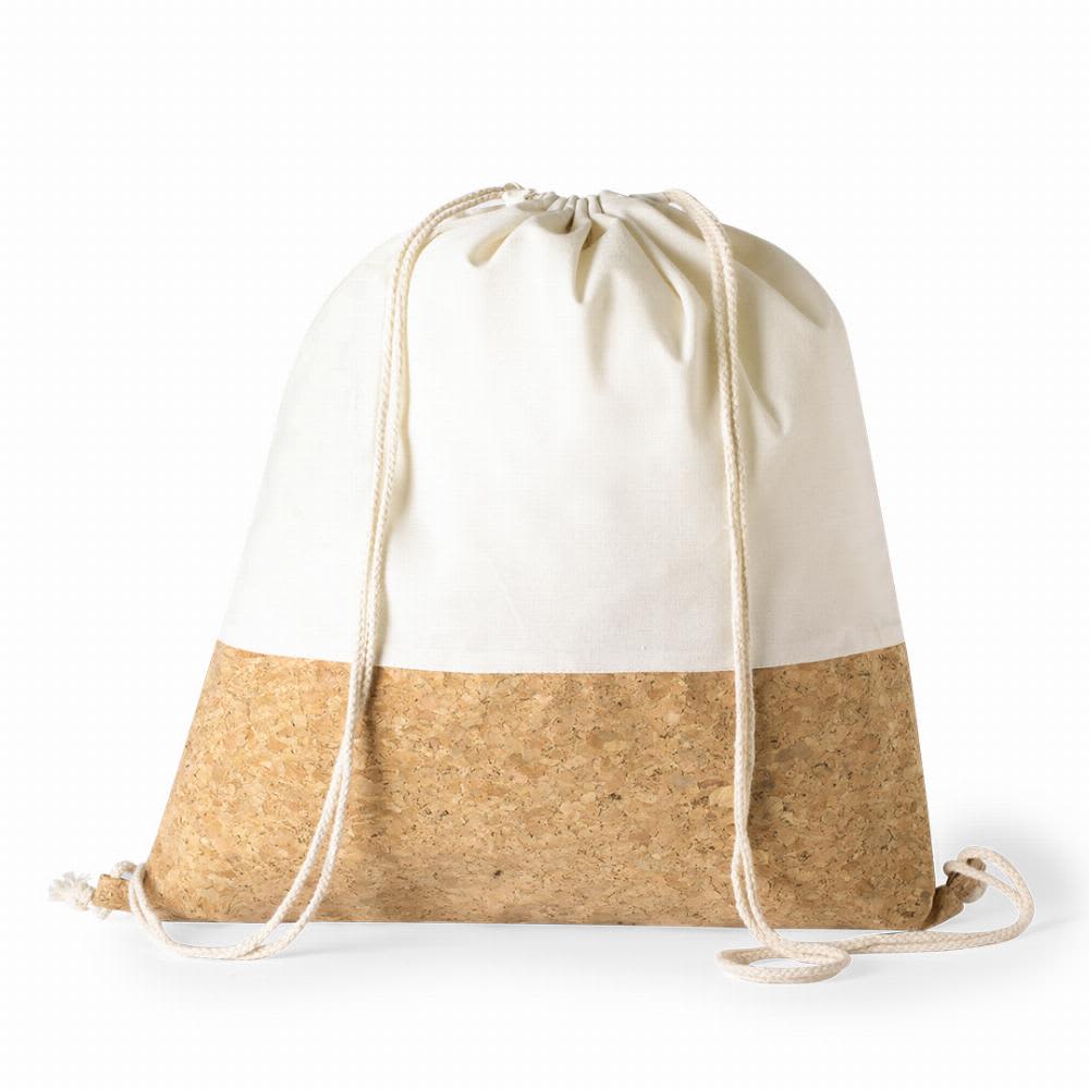 A drawstring bag featuring a cream upper section and a natural cork bottom, with matching cords. Galsin - Image 1