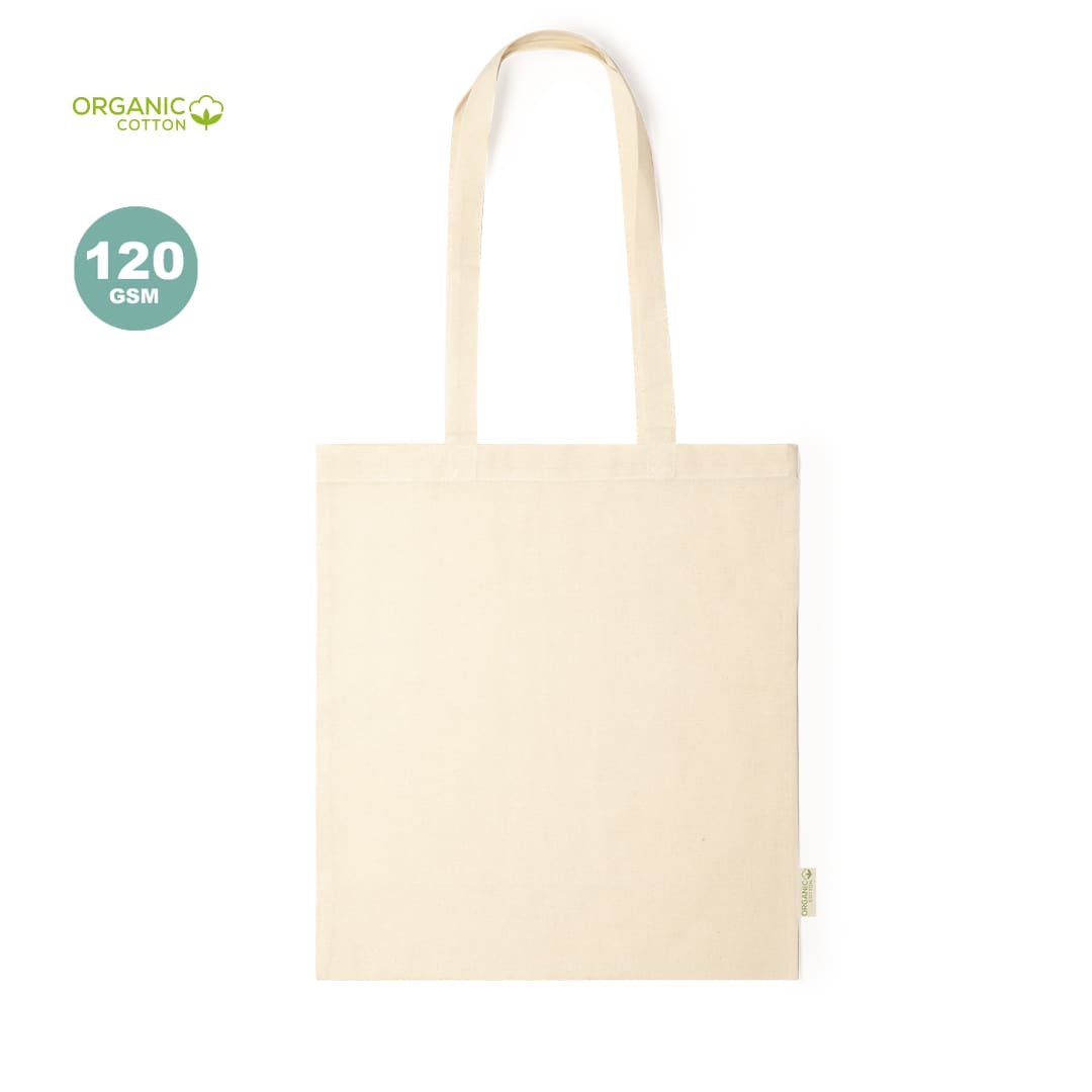 A plain, cream-coloured tote bag made from organic cotton, featuring two long handles and a branding logo. Missam Bag - Image 1