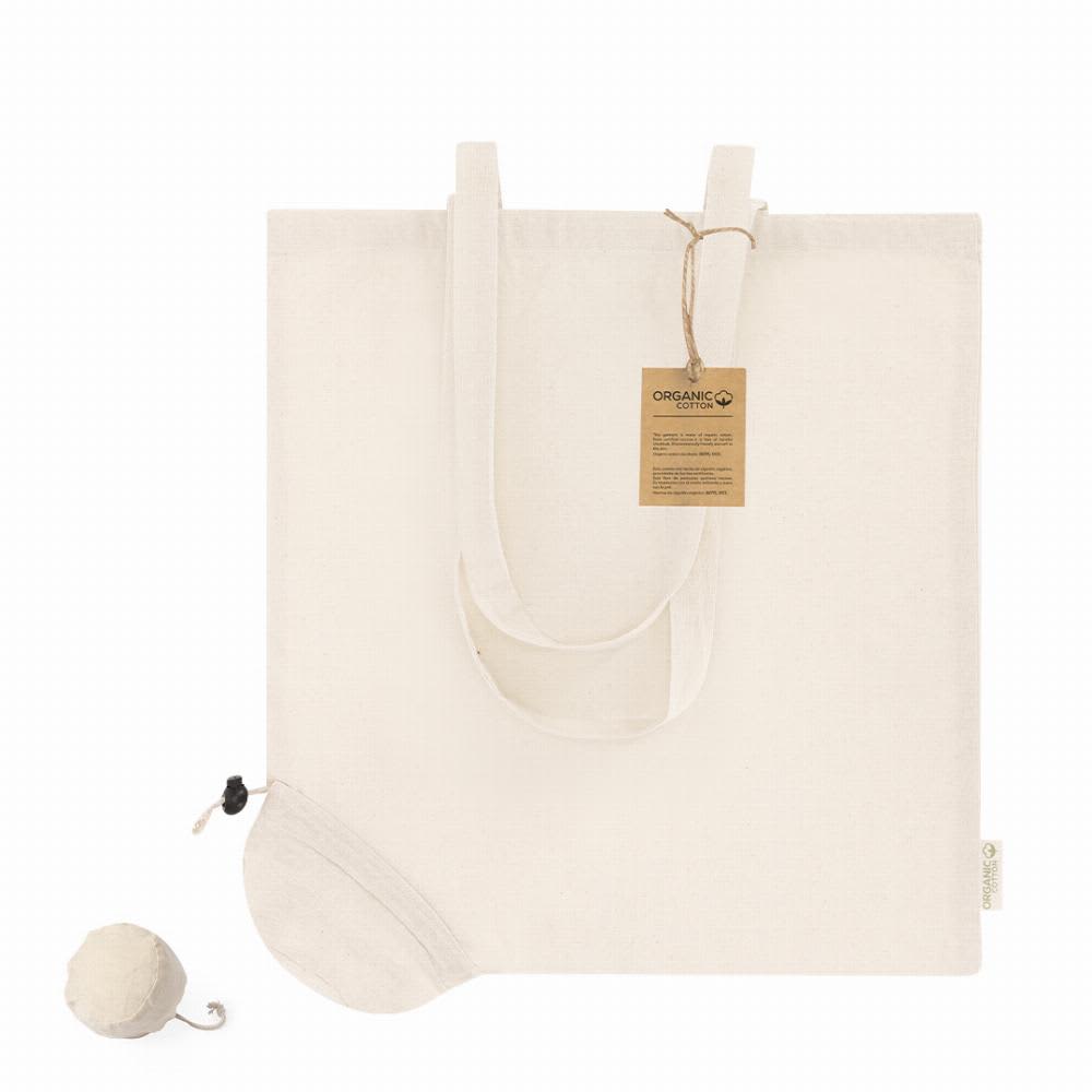 A cotton tote bag in natural beige with long handles and a compact pouch for storage. It features a branding tag. Nepax - Image 1
