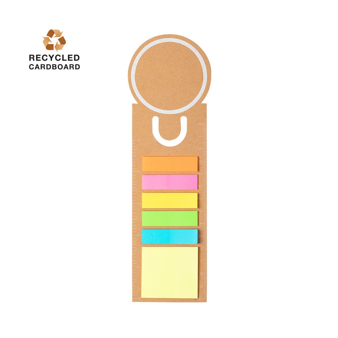 A brown cardboard ruler bookmark featuring assorted sticky notes in pink, orange, yellow, green, and blue, along with a logo. Blasco Ruler Bookmark - Image 1