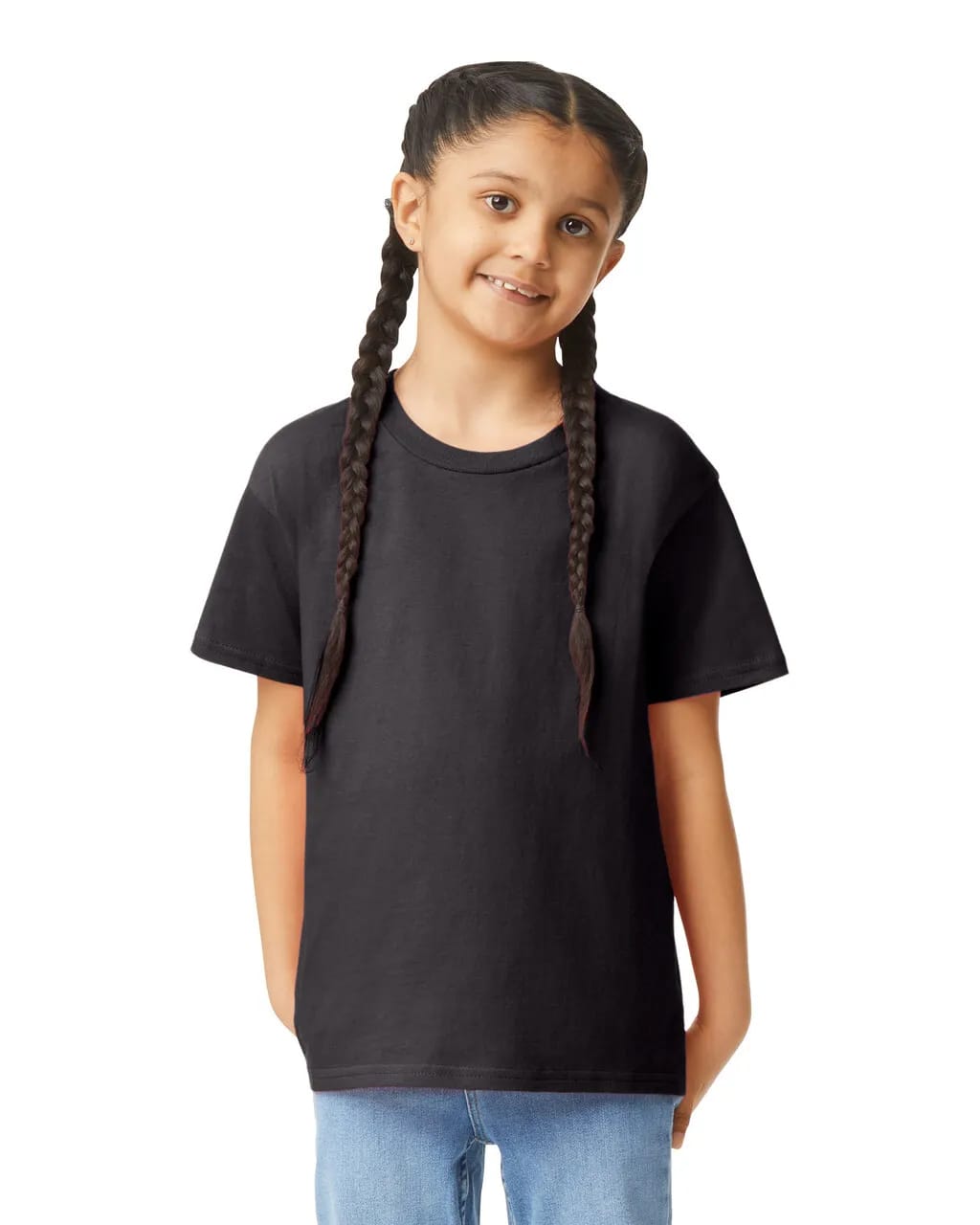 A black youth short sleeve t-shirt with a relaxed fit, displayed on a child with braided hair. Gildan Youth Softstyle Short Sleeve T-shirt - Image 1