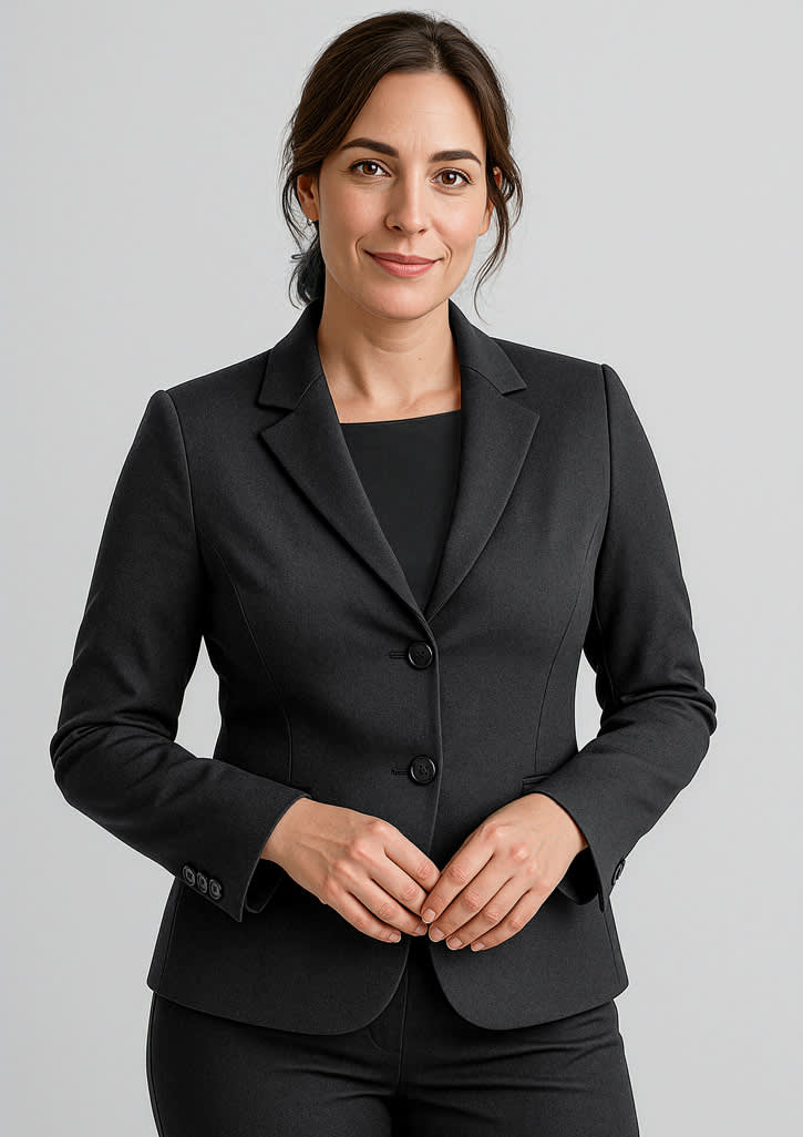 A mid-length women's jacket in black with a two-button design and tailored fit. Features branding on the label. Womens Comfort Wool Stretch 2 Button Mid Length Jacket - Image 1