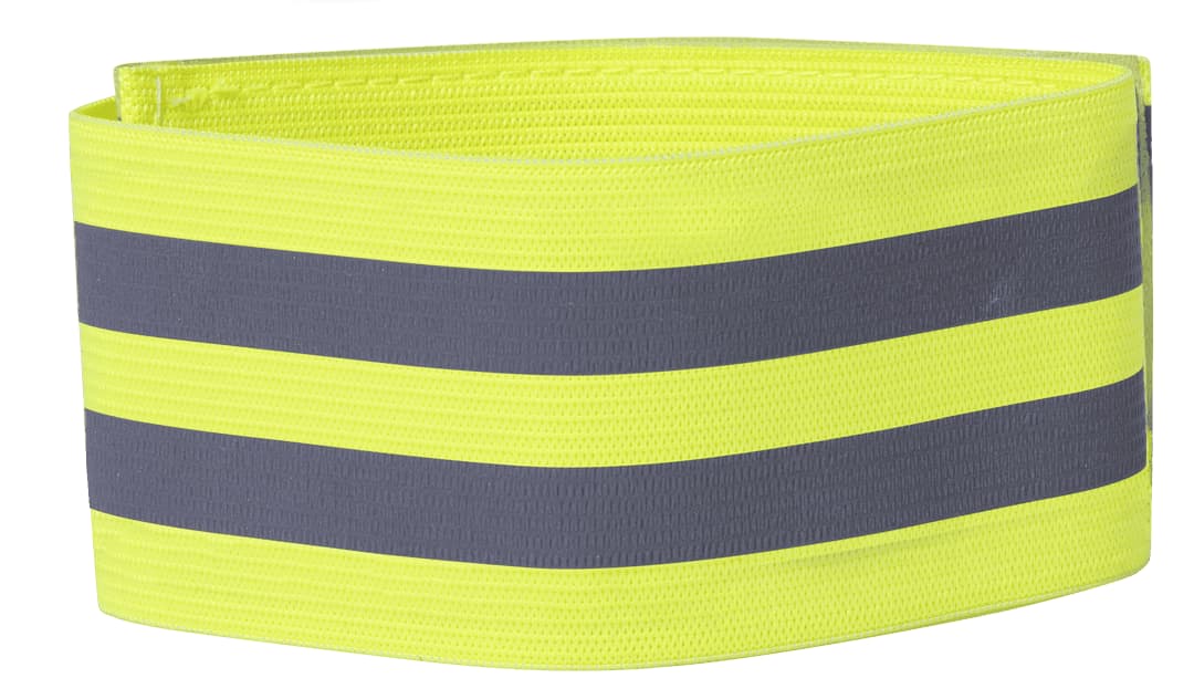 A reflective armband with bright yellow fabric and dark grey stripes. It features a logo. Picton Reflective Armband - Image 1