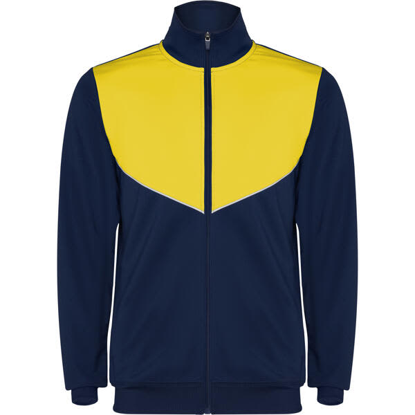 A navy and yellow Evans Lightweight Tracksuit jacket with a zip front, designed with a sporty look and logo. Evans Lightweight Tracksuit - Image 1