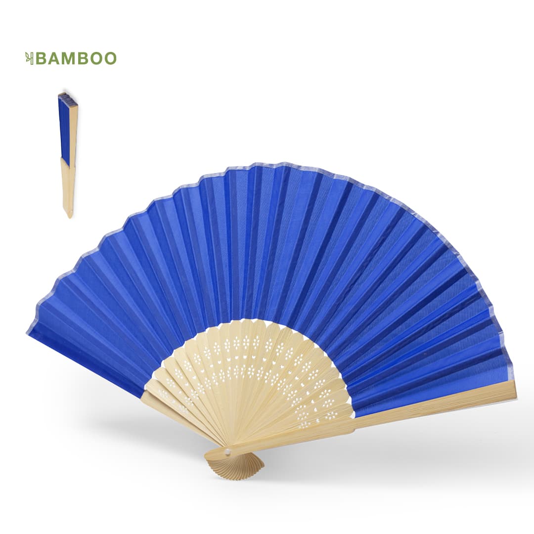 A blue and bamboo hand fan with a semi-circular design, featuring pleated sections and delicate cut-outs. Kronix Hand Fan - Image 1