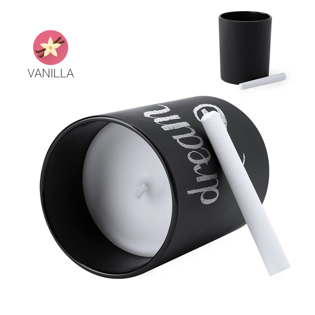 A black aromatic candle featuring a white wax interior and a removable white chalk marker for notes. Temul Aromatic Candle - Image 1