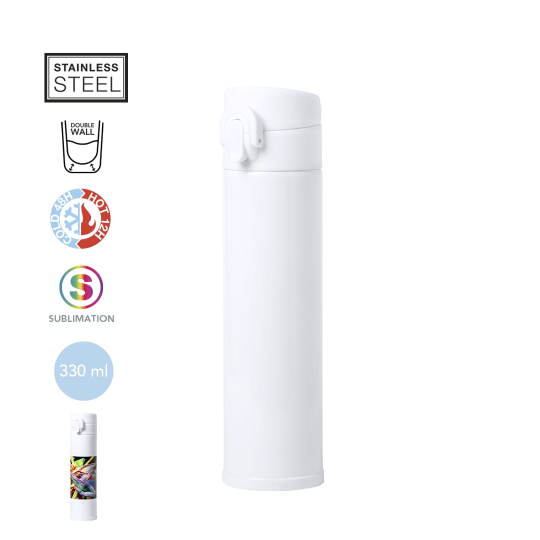 A drink bottle featuring a sleek white design, made from stainless steel, with double wall insulation and a logo. Alirox Sublimation Vacuum Flask - Image 1