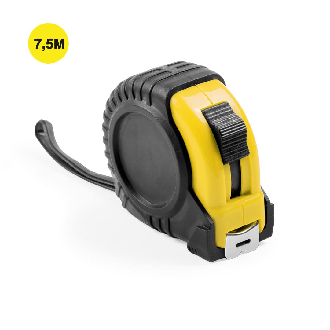 A black and yellow 7.5m tape measure with a sturdy design and a clip for easy storage, featuring a logo. Grade 7,5m Tape Measure - Image 1