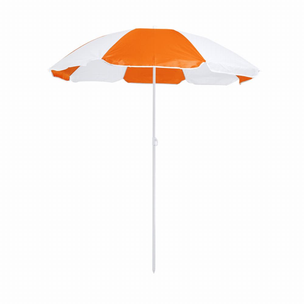 A beach umbrella featuring alternating orange and white panels, supported by a white pole. Nukel - Image 1