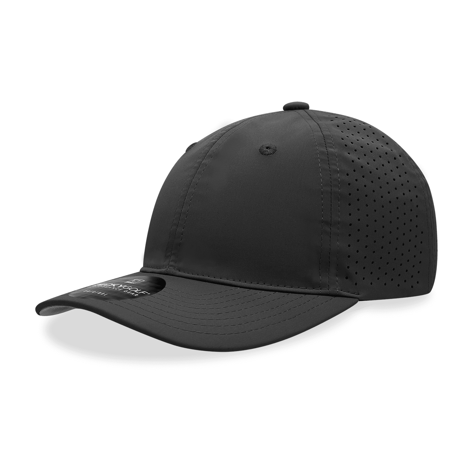 A black 6 panel relaxed perforated cap featuring a solid peak and ventilation holes on the sides. 6 Panel Relaxed Perforated Cap - Image 1