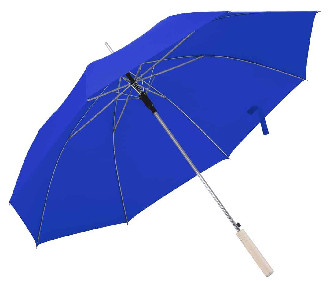 A blue umbrella with a silver frame and a wooden handle, featuring a branding logo. Korlet Umbrella - Image 1