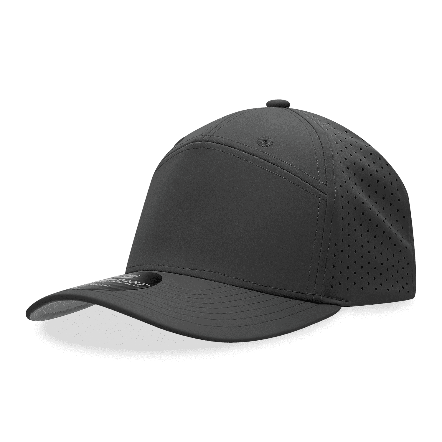 A black 7 panel perforated cap with a smooth front and ventilated sides. It features a logo on the side. 7 Panel Perforated Cap - Image 1