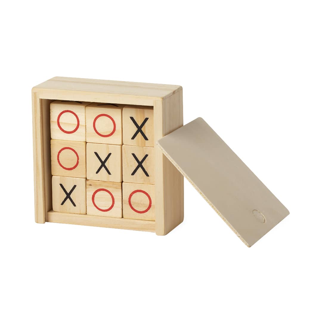 A wooden tic-tac-toe game set with red and black markers, housed in a natural wood box with a sliding lid. Grapex Game - Image 1
