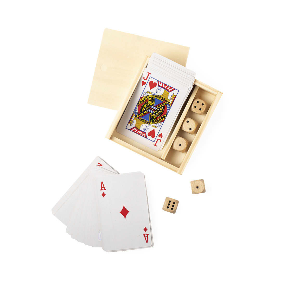 A wooden box containing playing cards and dice, with cards in red and white, and dice in natural wood. Pelkat Game Set - Image 1