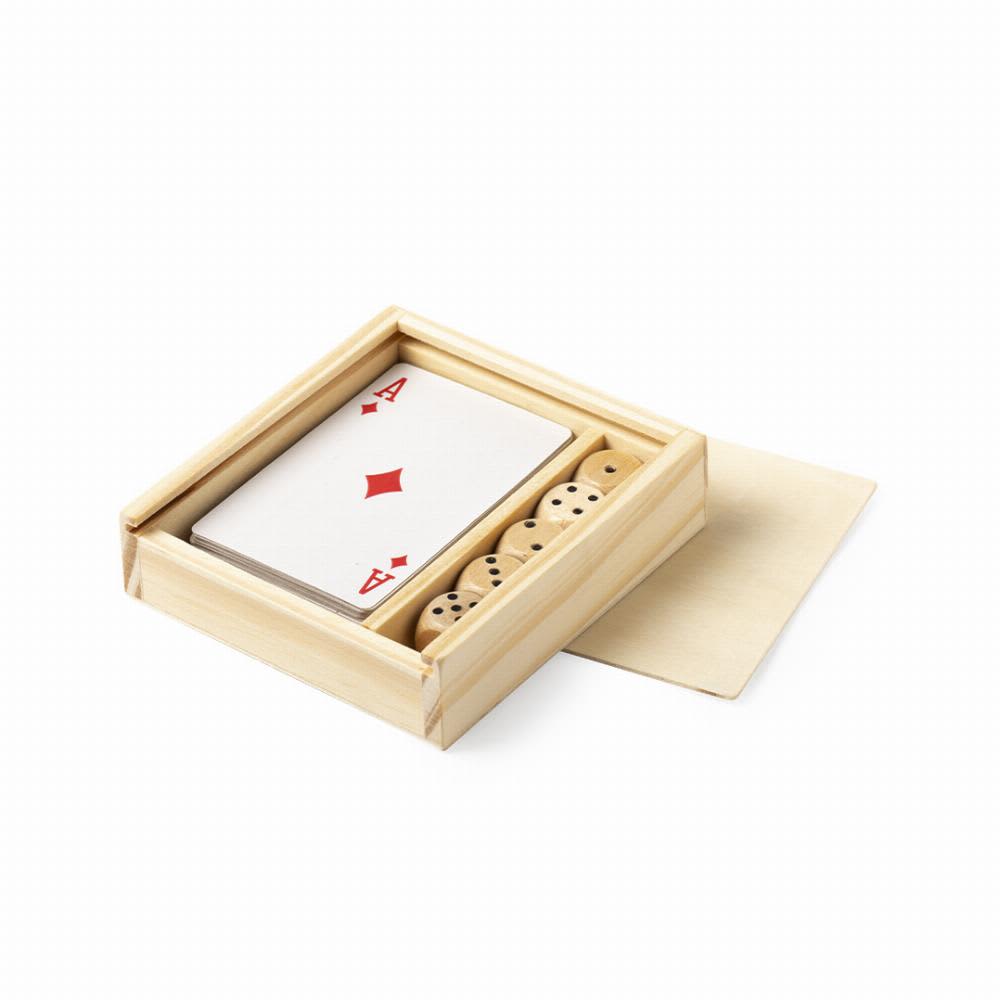A wooden box containing a deck of playing cards and six dice, featuring a red diamond card on top. Pelkat - Image 1