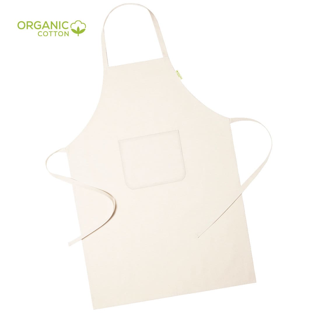 A cream apron made from organic cotton, featuring a front pocket and ties for adjustment. It has a logo in one corner. Riffox Apron - Image 1
