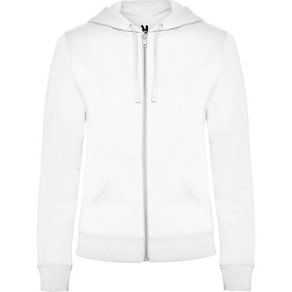 A white hooded sweatshirt with a zippered front and front pockets, featuring a logo. Veleta Hooded Sweatshirt - Image 1