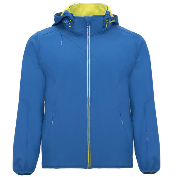 A blue unisex softshell jacket with a yellow inner lining and a hood. It features zippered pockets and brand detailing. Siberia Unisex Softshell Jacket - Image 1