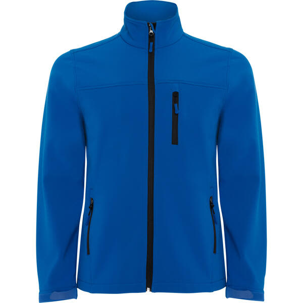 A blue softshell jacket with a high collar and zippered front, featuring two side pockets and a chest pocket. Antartida Softshell Jacket (Youth) - Image 1