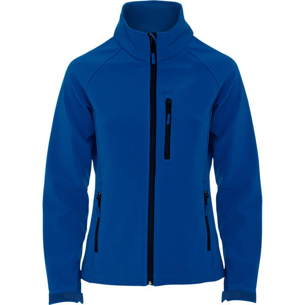 A blue women's softshell jacket with a zippered front and side pockets, featuring a stand-up collar and a logo. Antartida Womens Softshell Jacket - Image 1