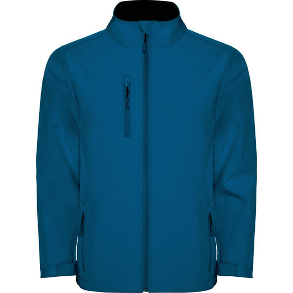 A blue softshell jacket with a front zipper and side pockets, featuring a small chest pocket and a collar. Nebraska Softshell Jacket (Youth) - Image 1