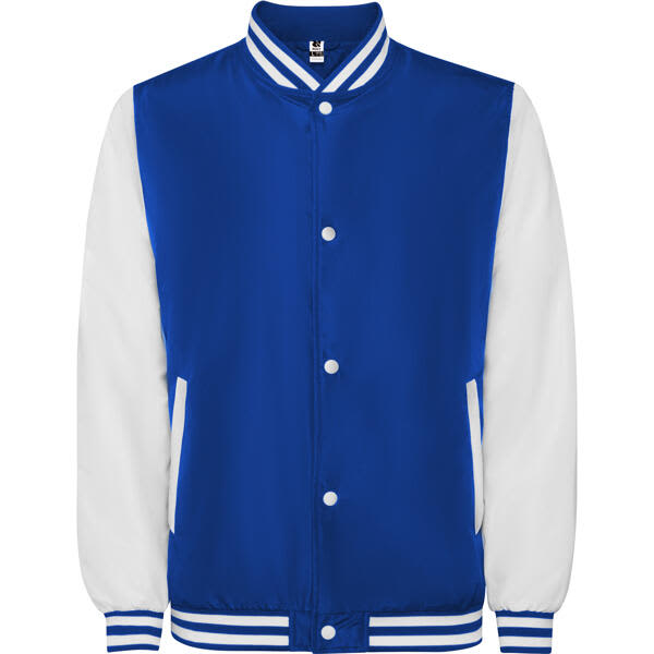 A blue and white California Jacket featuring a button-up front and striped collar and cuffs, with logo branding. California Jacket - Image 1