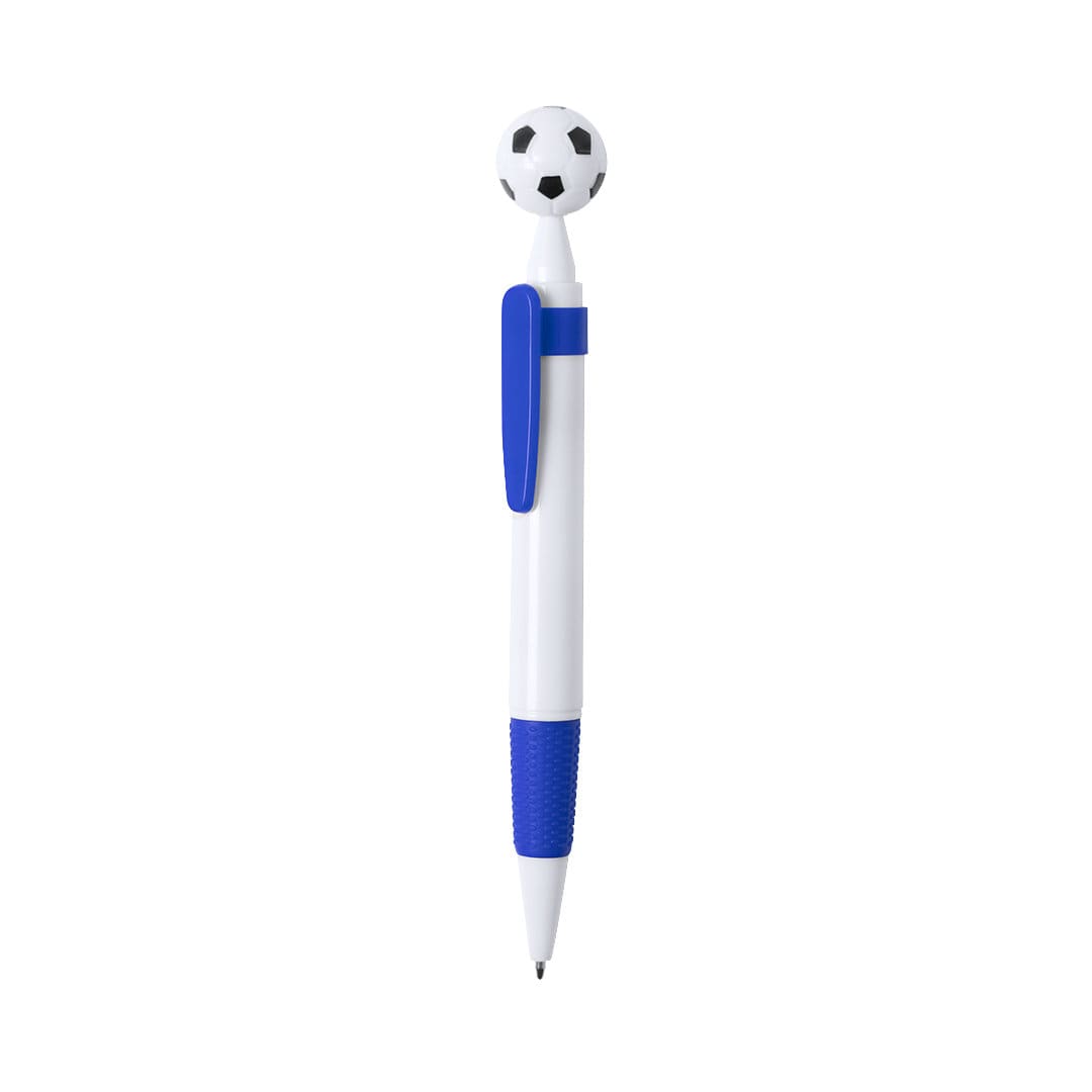 A pen featuring a blue grip and a soccer ball topper, designed for writing. It has a branding logo on the body. Basley Pen - Image 1
