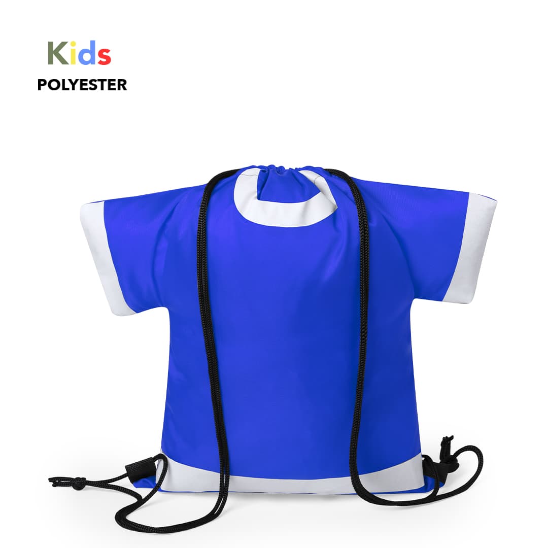 A blue drawstring bag shaped like a T-shirt, made of polyester, featuring black drawstrings and a logo. Trokyn Drawstring Bag - Image 1