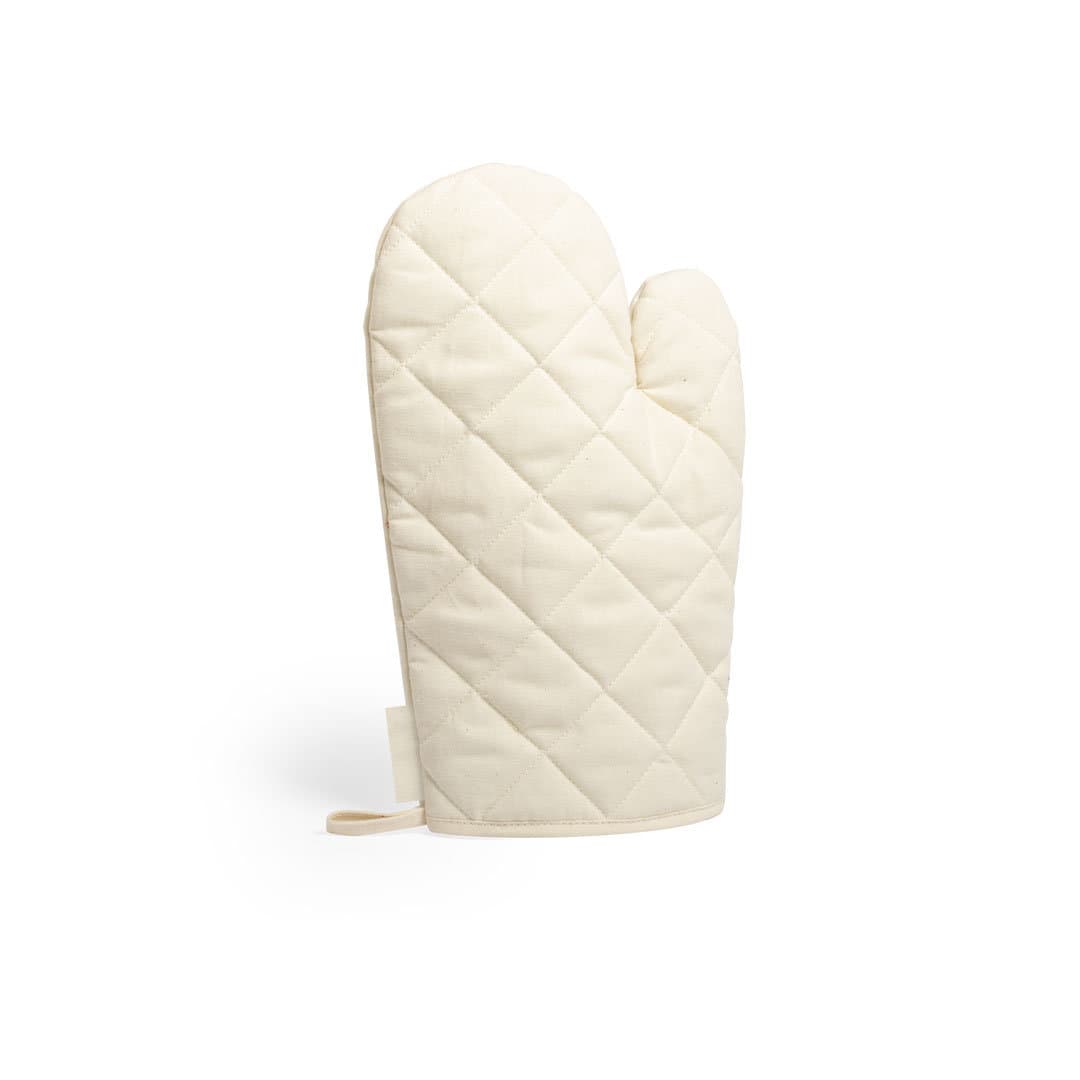 A cream-coloured kitchen mitten with a quilted design and a loop for hanging. It features a logo. Calen Kitchen Mitten - Image 1