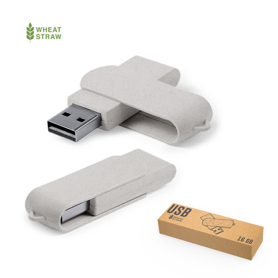 A grey 16GB USB memory drive with a protective cover, accompanied by a small cardboard box packaging. Kontix 16GB USB Memory - Image 1