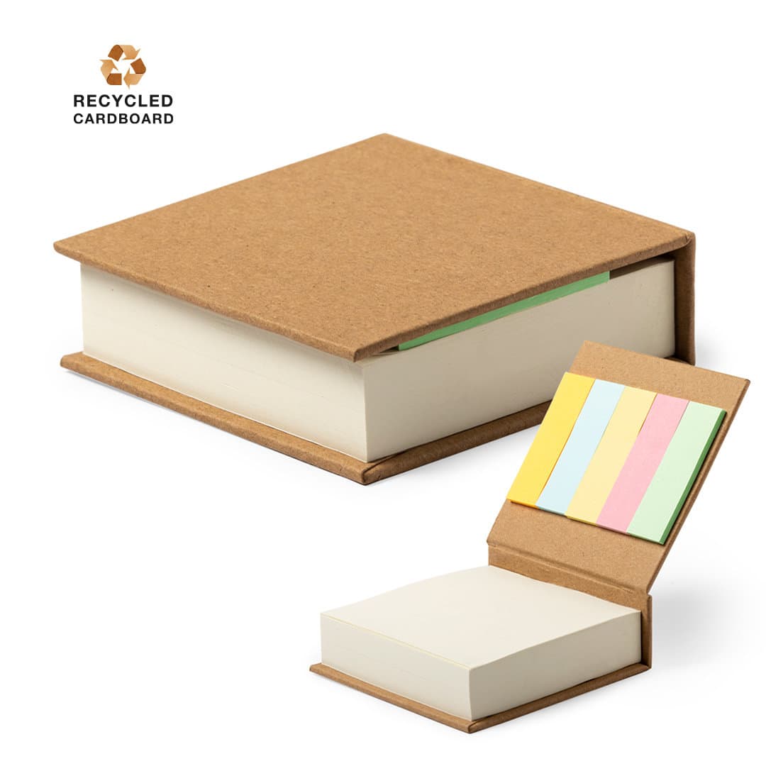 A notepad with a kraft cardboard cover, featuring a removable section of pastel-coloured sticky notes. Leryl Notepad - Image 1