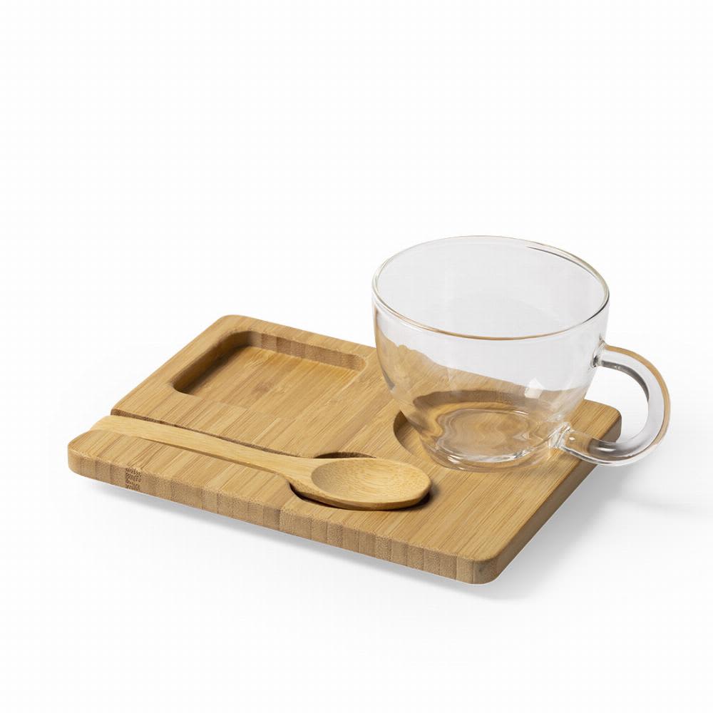 A glass cup with a bamboo tray and wooden spoon, showcasing natural materials and a minimalist design. Morkel - Image 1