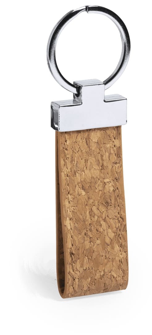 A cork keyring with a chrome ring attachment, featuring a rectangular design in natural brown tones. Branko Keyring - Image 1