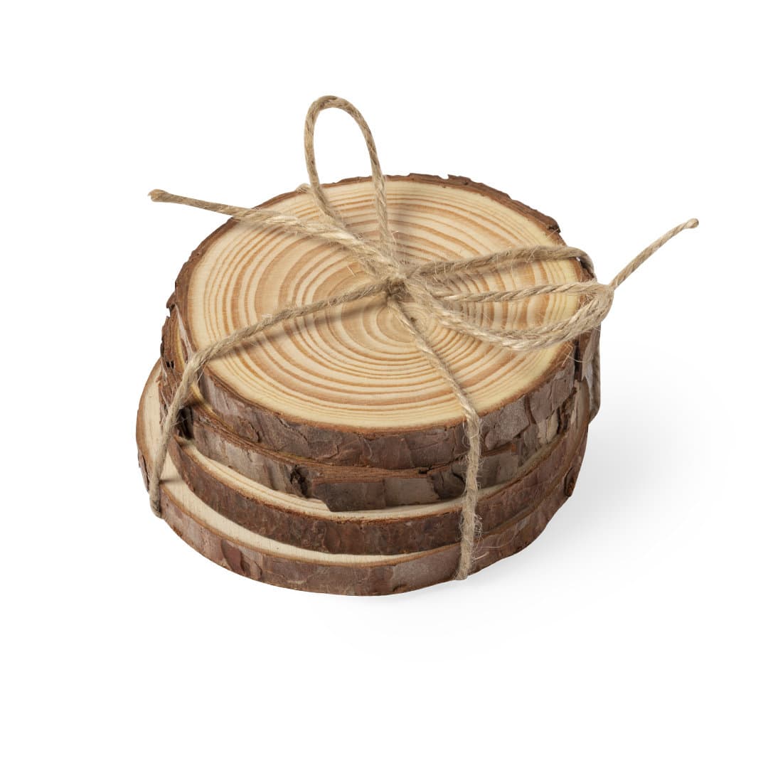 A set of three wooden coasters, tied together with twine, featuring natural wood grain and rustic finishes. Yantic Coaster Set - Image 1