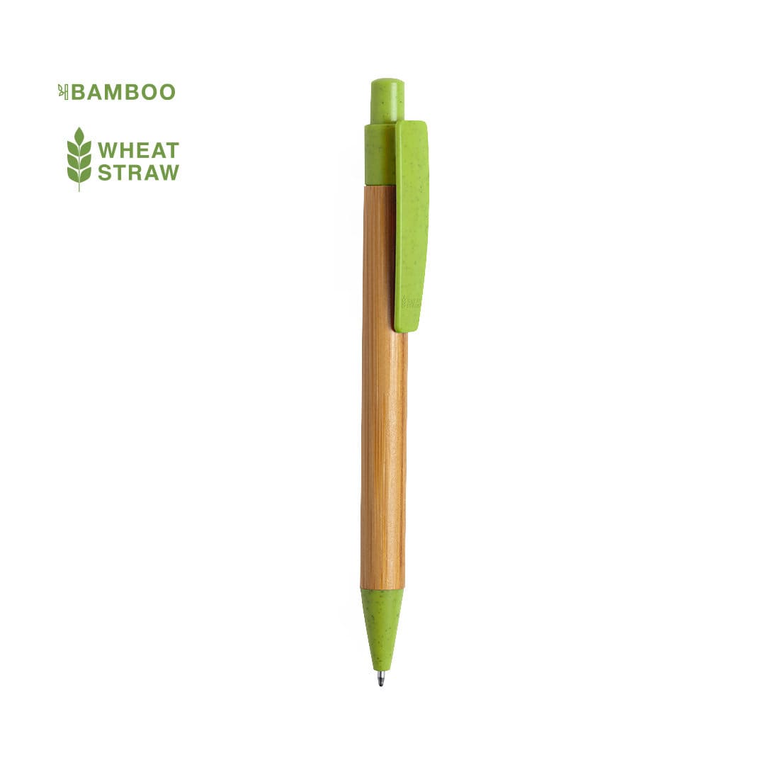 A green and natural bamboo pen with a wheat straw cap and clip, featuring a logo. Sydor Pen - Image 1