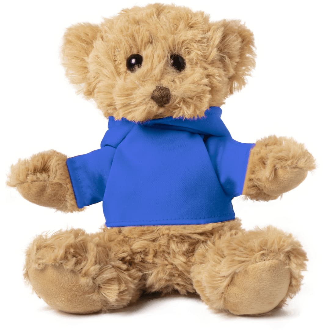 A plush teddy bear with a fluffy tan body, wearing a blue hoodie. It has button-like eyes and soft limbs. Loony Teddy - Image 1