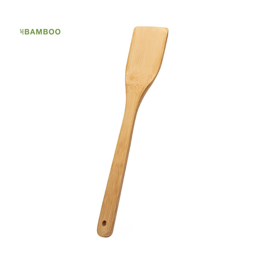 A bamboo spatula with a long handle and flat, rectangular head, designed for kitchen use. Serly Spatula - Image 1