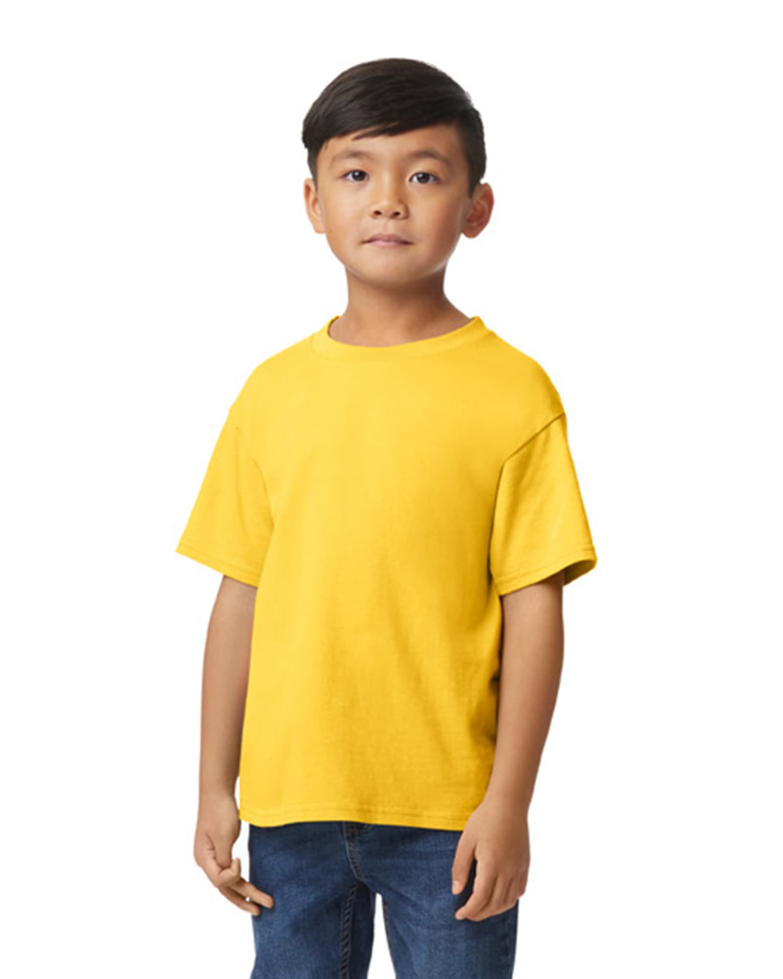 A youth midweight t-shirt in bright yellow, featuring a crew neckline and short sleeves, worn by a child. Gildan Softstyle Youth Midweight T-Shirt - Image 1