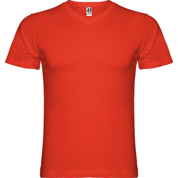 A red T-shirt with a V-neck design, featuring a label at the neckline and no visible branding. Samoyedo T-Shirt - Image 1