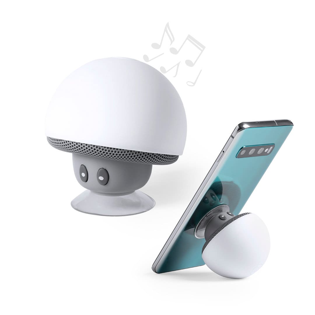 A white and grey portable speaker shaped like a mushroom, next to a smartphone with a reflective screen. Wanap Speaker - Image 1